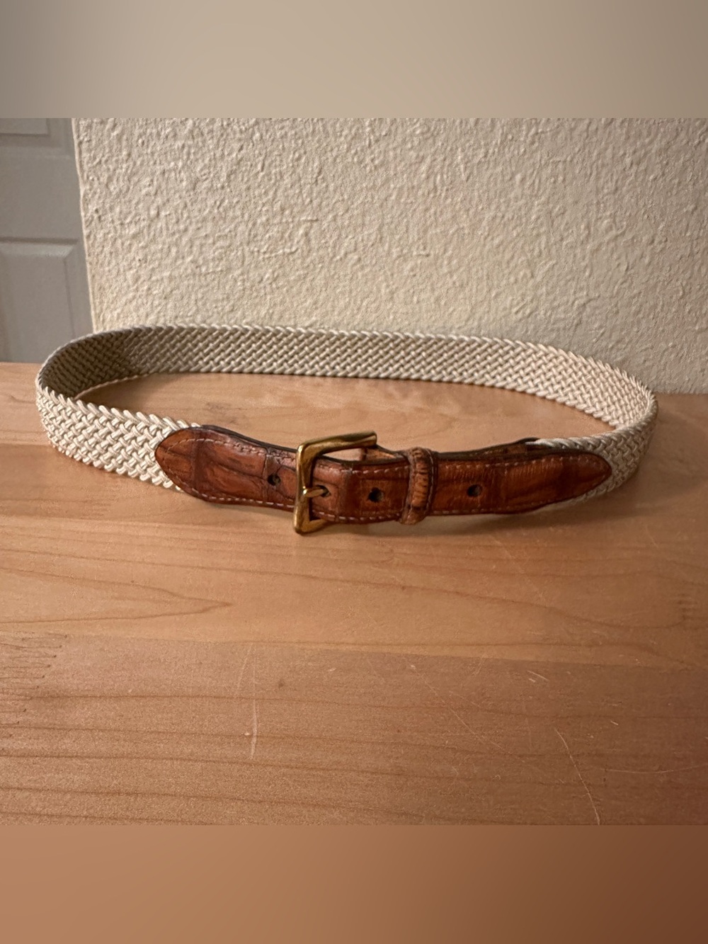 Martin Dingman Woven Cream Belt Brown Aligator Leather Trim Brass buckle 80/32